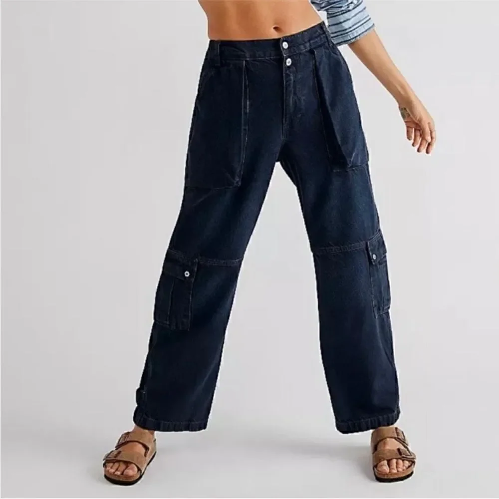 Free People We The Free Marx Slouchy Streetwear Cargo Denim Jeans in Blue sz 28